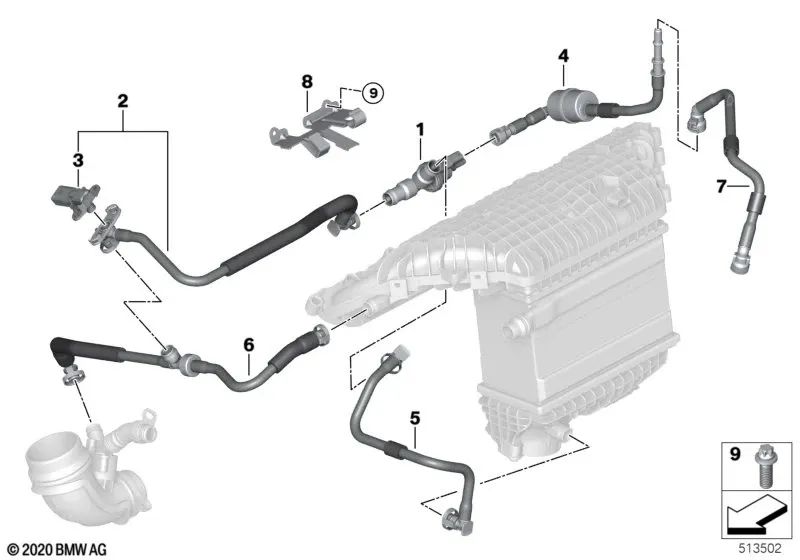 Tank vent pipe with pressure sensor for BMW G20N, G21N, G26, F97, F97N, F98, F98N (OEM 13908058625). Genuine BMW