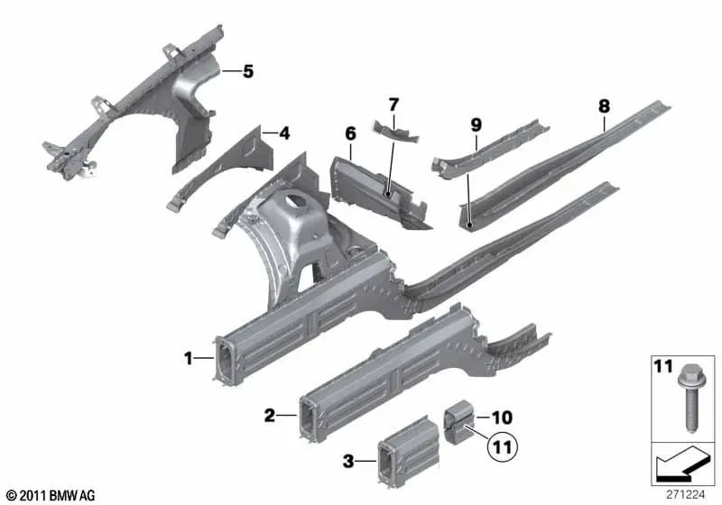 Motorträger/Seitenrahmenverbindung für BMW E81, E82, E87, E88, E90, E91, E92, E93, X1 (OEM 41117152266). Original BMW