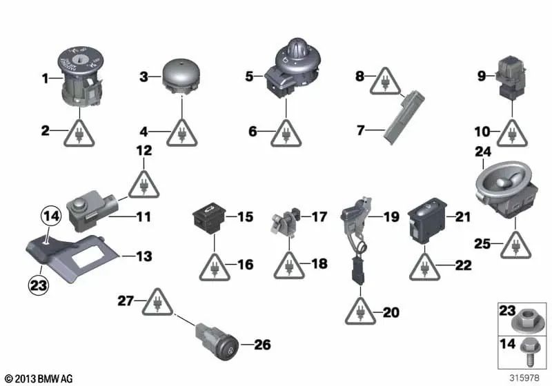 Soporte interruptor para BMW Serie 1 E81, E82, E87, E87N, E88, Serie 3 E90, E90N, E91, E91N, E92, E92N, E93, E93N, X1 E84, MINI R55, R55N, R56, R56N, R57, R57N, R58, R59 (OEM 61316932791). Original BMW