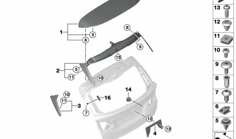 Spoiler puerta trasera imprimado para BMW F45, F45N (OEM 51627348579). Original BMW