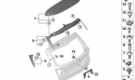 Primed tailgate spoiler for BMW F45, F45N (OEM 51627348579). Original BMW