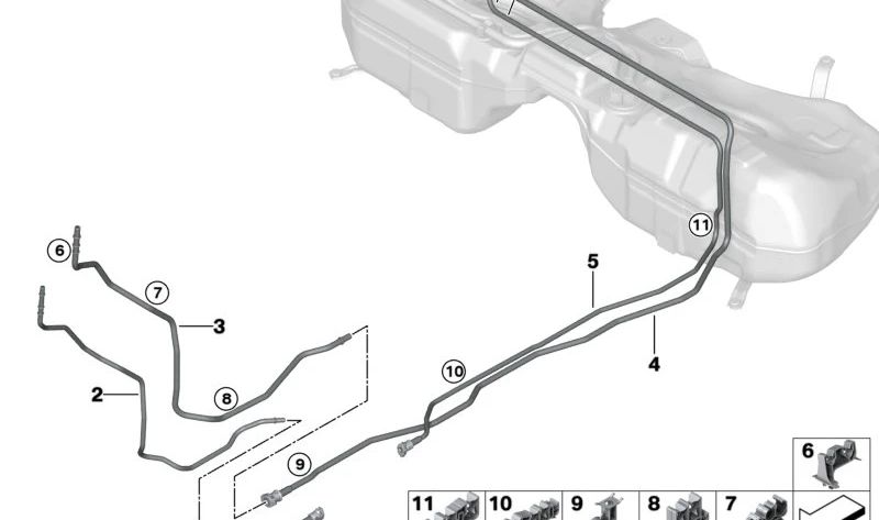 Front fuel return line for BMW G20, G21, G28, G22, G23 (OEM 16127449068). Original BMW