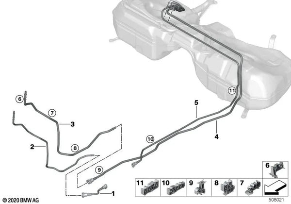 Manguera de alimentación de combustible frontal para BMW Serie 3 G20, G21, G28, Serie 4 G22 (OEM 16127449066). Original BMW