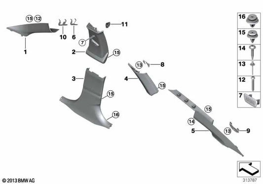 Cubierta columna C superior izquierda para BMW F34, F34N (OEM 51437305505). Original BMW.