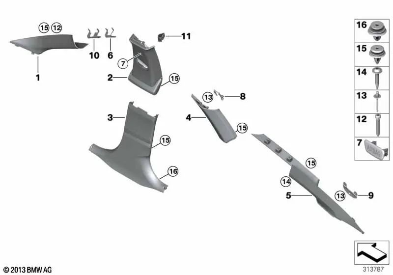 Upper right C-pillar cover for BMW 3 Series F34, F34N (OEM 51437305506). Original BMW