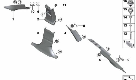 Upper Left C-Pillar Trim for BMW 3 Series F34, F34N (OEM 51438056885). Original BMW