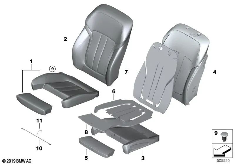 Funda de reposabrazos de confort en cuero climatizado izquierda para BMW Serie 5 G30, G31, G38 Serie 6 G32 Serie 7 G11, G12 (OEM 52107412749). Original BMW