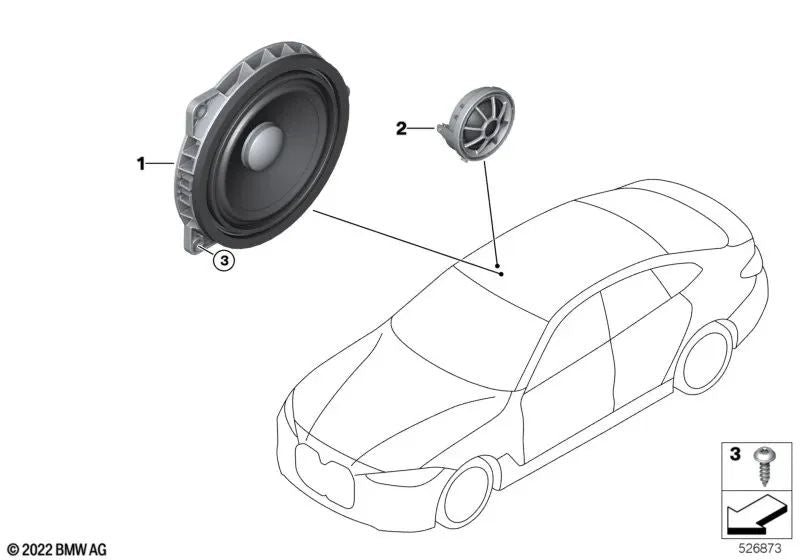 Altavoz de medios del sistema Top-HiFi para BMW F40, F44, G42, G87, G20, G21, G28, G80, G81, G22, G23, G26, G82, G83, G30N, F91, F92, F93, G14, G15, G16, G29 (OEM 65132622469). Original BMW