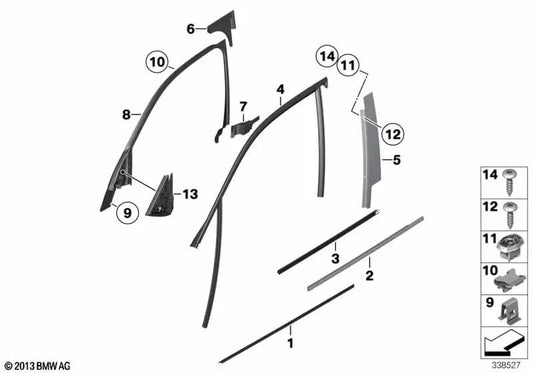 Sellado embellecedor pilar B izquierdo para BMW E84 (OEM 51332990557). Original BMW.