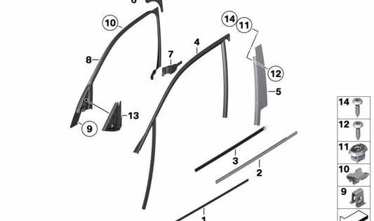 Cubierta del marco de la ventana puerta delantera izquierda OEM 51332992453 para BMW E84. Original BMW.