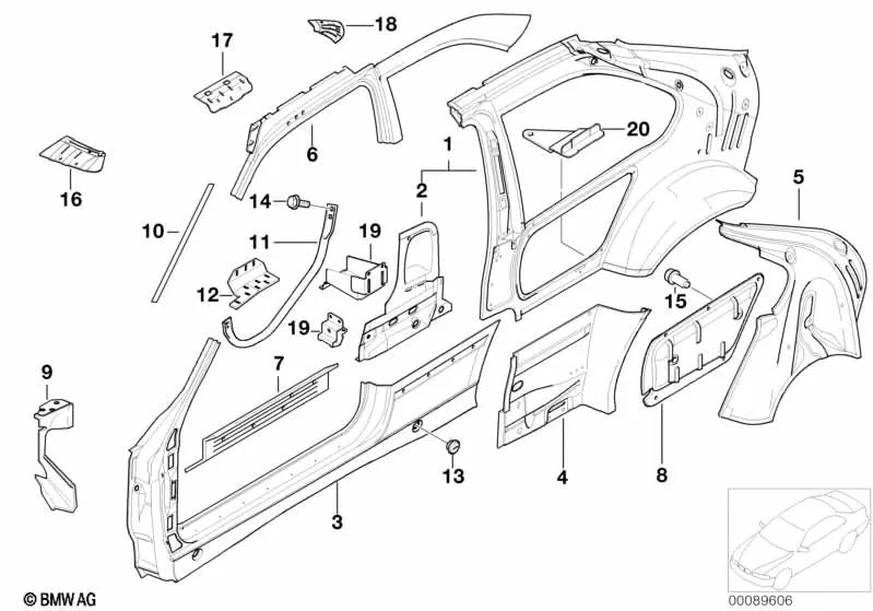 Cubierta interior trasera izquierda para BMW E36 (OEM 51718146573). Original BMW.