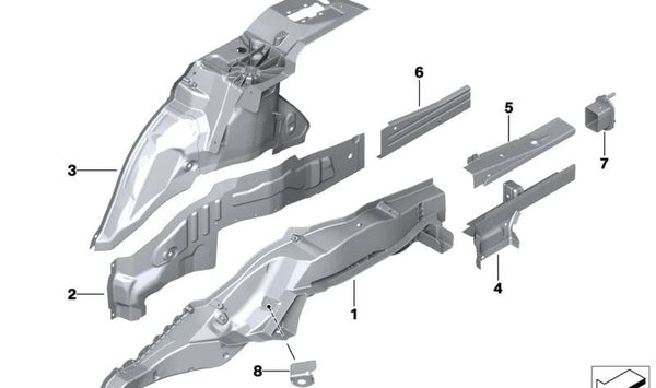 Refuerzo de chasis superior derecho OEM 41007413044 para BMW G32, G11, G12, G70. Original BMW.