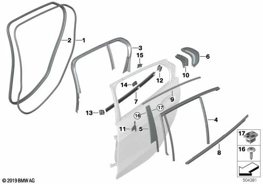 Tapa de marco puerta trasera izquierda para BMW F40 (OEM 51357452369). Original BMW.