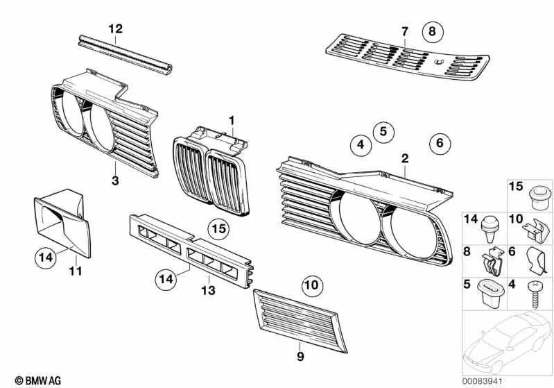 Rejilla decorativa derecha para BMW Serie 3 E30 (OEM 51131945886). Original BMW.