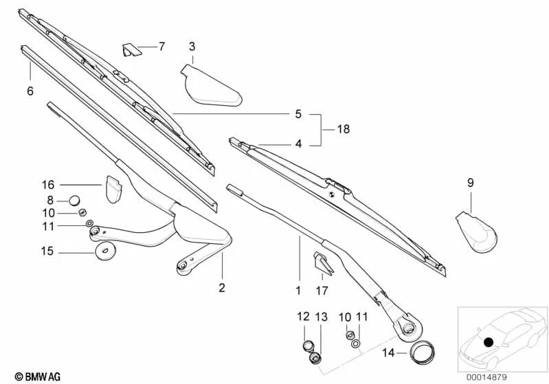 Tapa de protección brazo del limpiaparabrisas izquierdo para BMW Serie 7 E38 (OEM 61618360151). Original BMW.