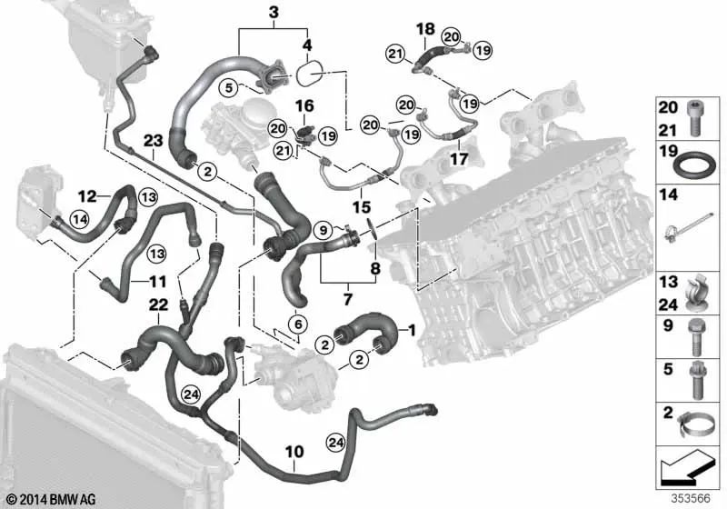 Manguera Termostato-Bomba de Refrigerante para BMW E82, E88, E90, E90N, E91, E91N, E92, E92N, E93, E93N Serie 5 E60N, E61N X1 E84 X6 E71 Z4 E89 (OEM 11537545665). Original BMW.