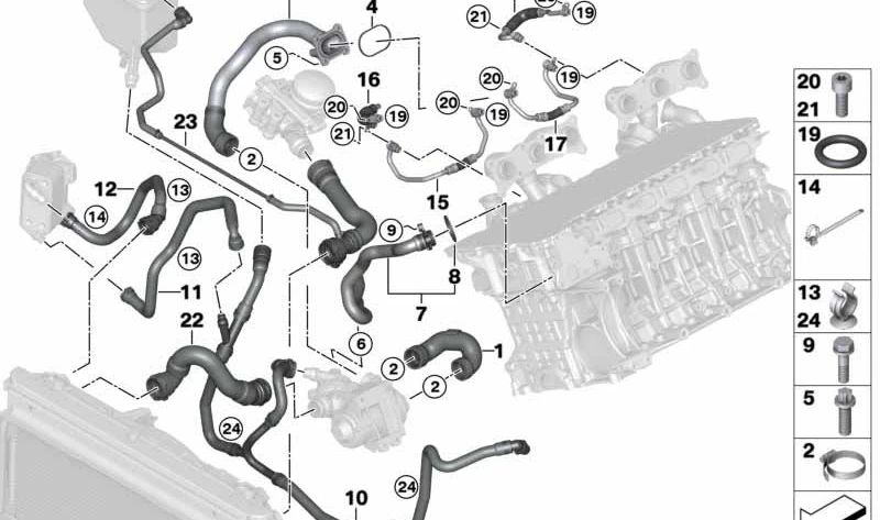 Tubería de Suministro Refrigeración Turbocompresor de Escape para BMW E82, E88, E90, E91, E92, E93, E60N, E61N, F01, F02, E89 (OEM 11537558899). Original BMW