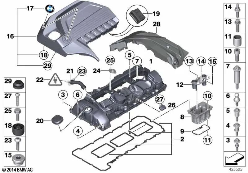 Cubierta para BMW Serie 5 F07, F10, F11, F18, Serie 6 F06, F12, F13, Serie 7 F01N, F02N, X3 F25, X4 F26, X5 E70N, F15, X6 E71, F16 (OEM 11127609461). Original BMW