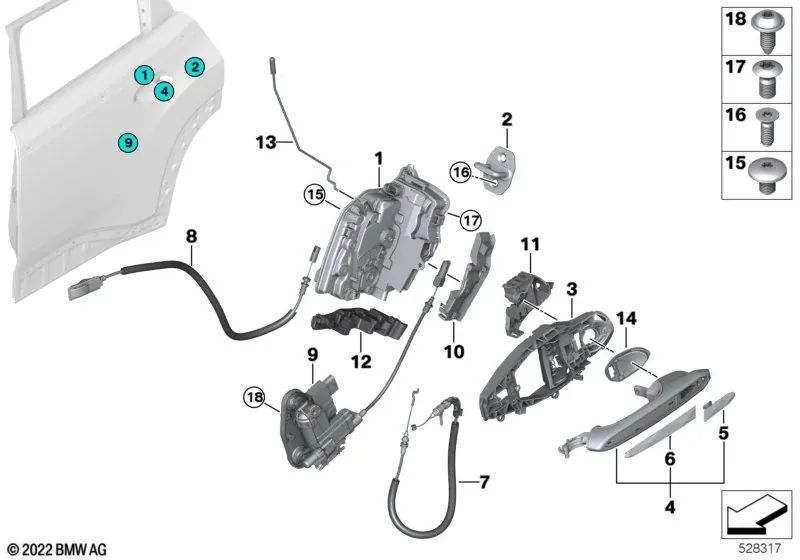 Cierre de sistema trasero izquierdo para BMW F90N, G30, G30N, G32, G11N, G12N, F93, G16, F95, G05, G06, G07, G09 (OEM 51227477705). Original BMW