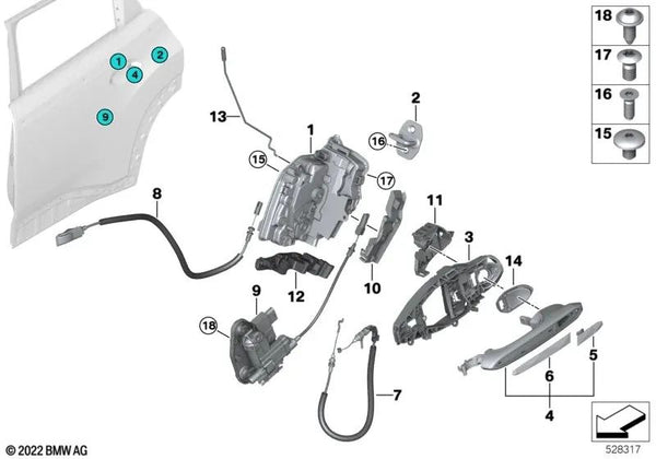 Cerradura del sistema trasera derecha para BMW F90, G30, G31, G32, G11N, G12N, F93, G16, F95, G05, F96, G06, G07, G09 (OEM 51227477712). Original BMW