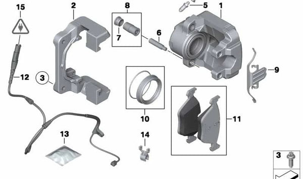 Alojamiento de pinza de freno izquierdo para BMW X5 E70N, F15, X6 E71, F16 (OEM 34116788431). Original BMW.