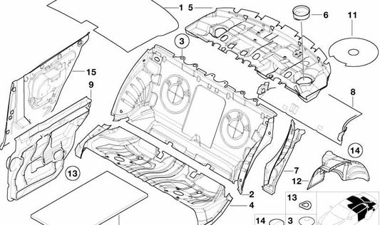 Aislamiento acústico del paso de rueda trasero derecho para BMW Serie 3 E46 (OEM 51487033656). Original BMW