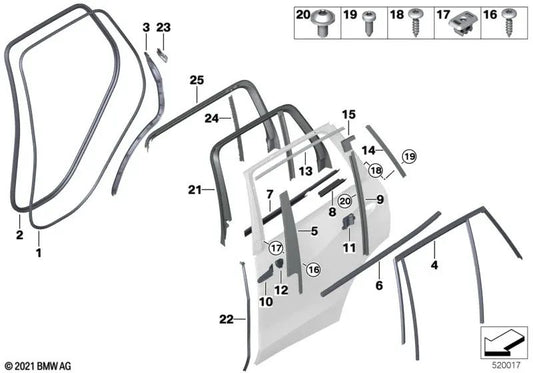 Rear Left Window Guide Cover for BMW X5 G05 (OEM 51357428701). Original BMW.