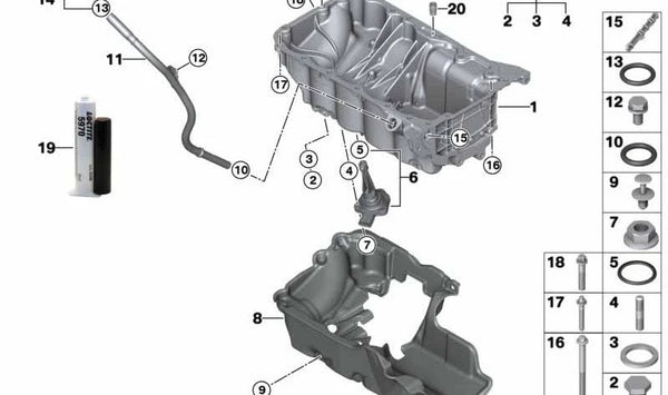 Varilla de medición de aceite para BMW Serie 1 F40, Serie 2 F44, F45N, F46N, X1 F48, F48N, X2 F39, MINI F54, F55, F56, F57, F60 (OEM 11438472242). Original BMW