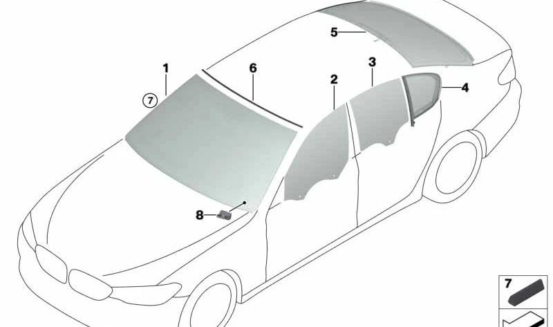 Cristal lateral verde puerta trasera derecha para BMW Serie 5 F90, G30 (OEM 51377375190). Original BMW