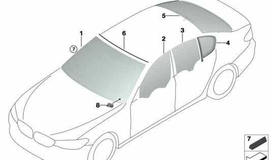 Grünes Seitenglas rechte Hintertür für BMW 5er F90, G30 (OEM 51377375190). Original BMW