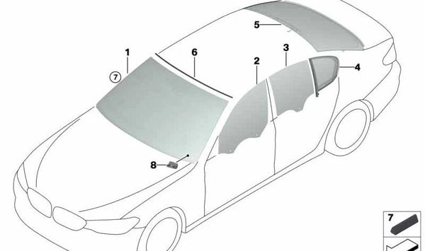 Cristal lateral verde puerta trasera derecha para BMW Serie 5 F90, G30 (OEM 51377375190). Original BMW