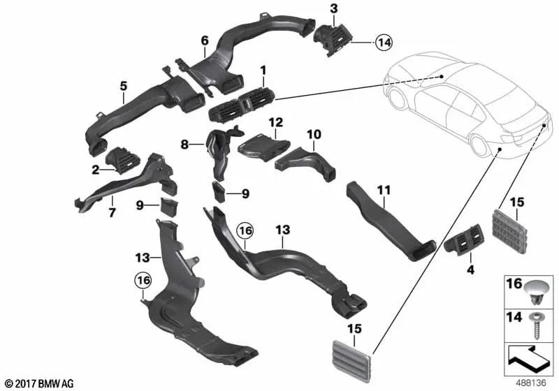 Conducto de aire frío derecho para BMW Serie 3 F30, F31, F34, F35, F80 y Serie 4 F32, F33, F36, F82, F83 (OEM 64229218498). Original BMW