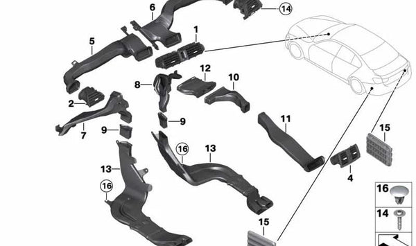 Canal de calefacción piso derecho para BMW Serie 1 F20, F21, Serie 2 F22, F23, F87, Serie 3 F30, F31, F34, F35, F80, Serie 4 F32, F33, F36, F82, F83 (OEM 51459205387). Original BMW