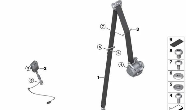 Cinturón de seguridad delantero derecho OEM 72117465520 para BMW Serie 2 Active Tourer (F45) y Serie 2 Gran Tourer (F46). Original BMW.