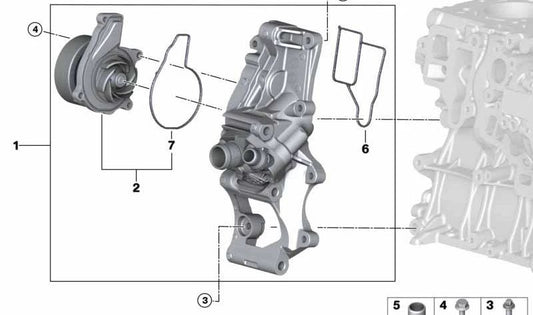 Wasserpumpe mit Thermostat und Stütze OEM 11512464129 für BMW F52. Original BMW.