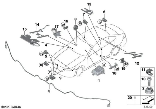 Sensor de aceleración para BMW Serie 2 U06, Serie 5 G60, Serie 7 G70, i I20, X1 U11 U12, X5 G05N, XM G09 (OEM 65779496818). Original BMW