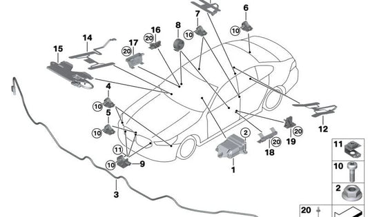 Sensore della porta BMW 1 F70, serie 2 G42, G87, U06, 3 G20, G21, G28, G80, G81, 4 G22, G23, G26, G82, G83, G83, 5 G38, Serie G38, G60, Serie 7 G70, Serie 8 F91, F92, F93, G14, G15, G16, I20, X1 U11, U12, X2 U10, X3 G01, G08, X4 G02, X5 G05, G