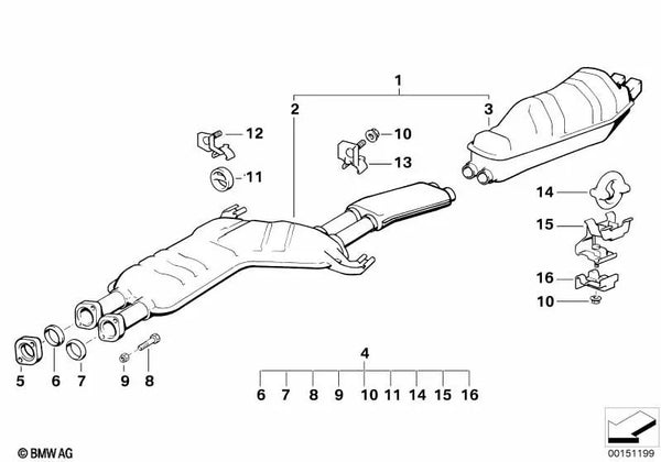 Silenciador trasero para BMW Serie 7 E32 (OEM 18129068552). Original BMW