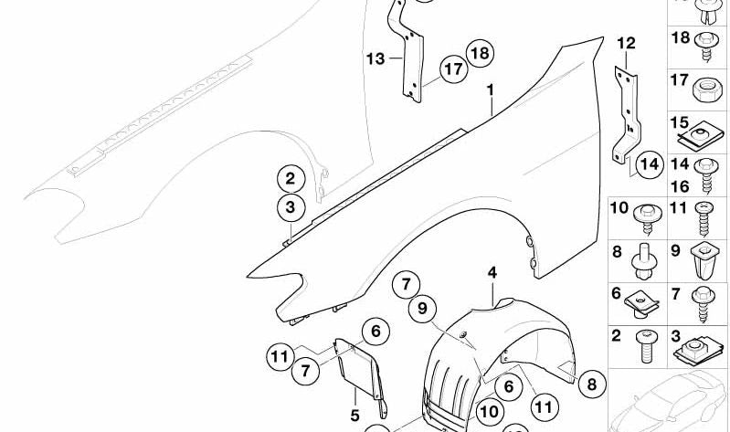 Cubierta del paso de rueda delantero derecho para BMW E65, E66 (OEM 51717136680). Original BMW