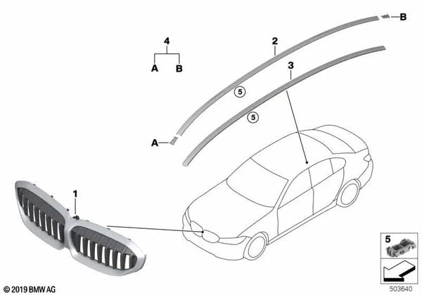 Rejilla Decorativa Frontal para BMW Serie 3 G20, G21 (OEM 51135A07604). Original BMW.