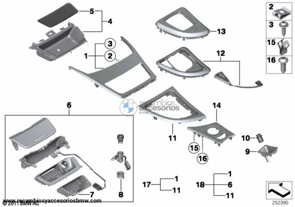 Cenicero/Almacenamiento En Aluminio Glacier-Silber Para Bmw Serie 1 (E81 E82 E87 E88). Original