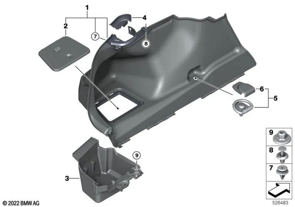 Compartimento de almacenamiento revestimiento del maletero izquierda para BMW Serie 7 G70 (OEM 51479870597). Original BMW