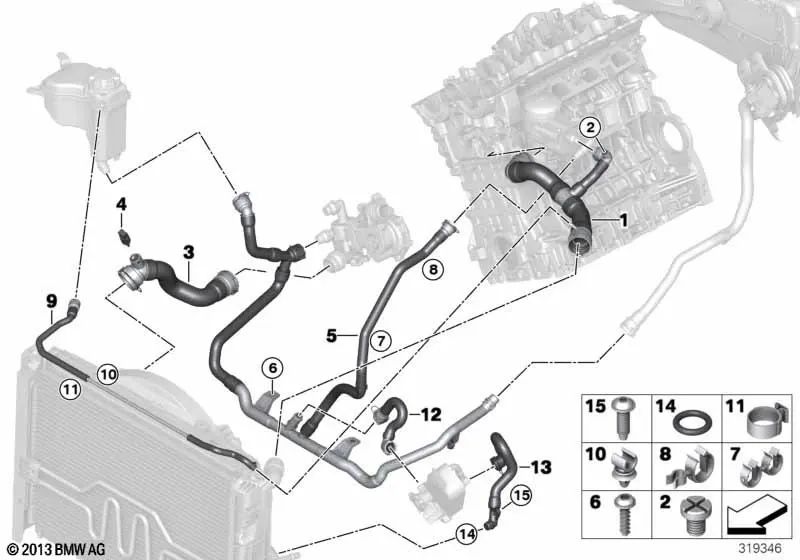 Conducción del flujo de retorno de calefacción para BMW Serie 1 E82, E88 Serie 3 E90, E91, E92, E93 X1 E84 (OEM 17127548222). Original BMW.