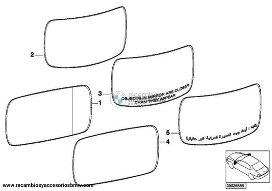 Cristal De Espejo Calefactable Gran Angular Derecho Para Bmw E53. Original Bmw. Recambios