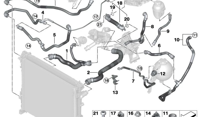 Manguito del depósito de expansión OEM 17128654310 para BMW G05, G06, G07. Original BMW.