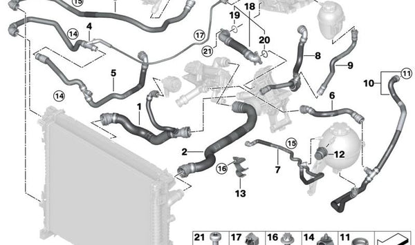 Manguito del depósito de expansión OEM 17128654310 para BMW G05, G06, G07. Original BMW.