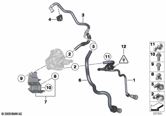 Tubería de retorno de combustible para BMW E81, E82, E87N, E88, E90, E90N, E91, E91N, E84 (OEM 13537800671). Original BMW.