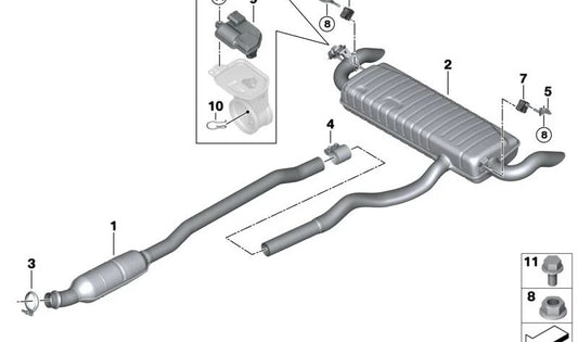 Rear silencer bracket OEM 18305A06AB8 for BMW U06. Original BMW.