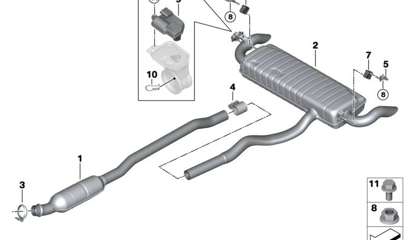 Soporte silenciador trasero derecho para BMW Serie 2 U06, X1 U11, U12, X2 U10, MINI U25 (OEM 18305A0D905). Original BMW