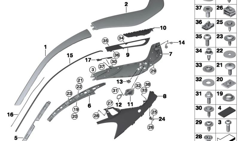 Cubierta de montante trasero derecho (C-Säule) OEM 51447336438 para BMW i8 (I12). Original BMW